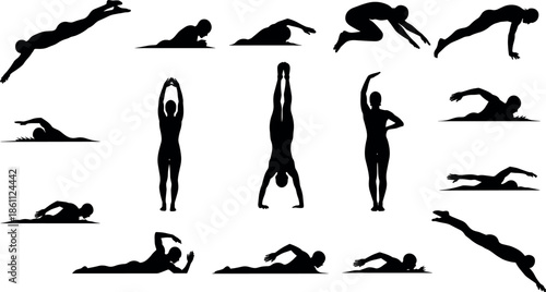 Black Silhouette Collection of Professional Swimmers Performing Various Strokes Diving Into Water and Standing in Athletic Poses for Sports Design