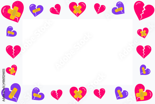 Broken heart Valentine's Day frame with copy space. Anti-Valentine background featuring hearts with healing bandages. Vector flat design border for single life greeting card or support message.