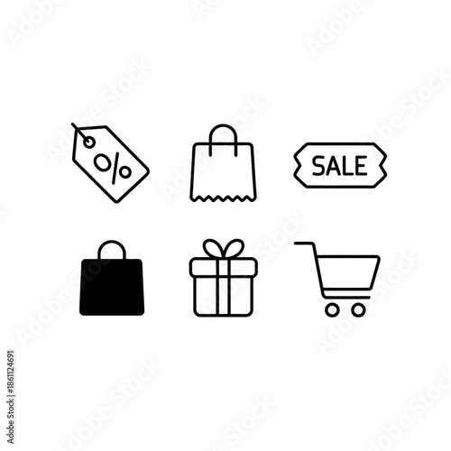Simple black line icons depicting shopping sales gifts and discounts