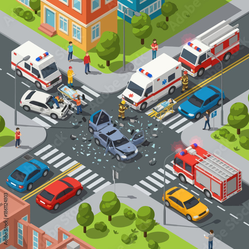 Car Accident Emergency Vehicles Responding Scene.