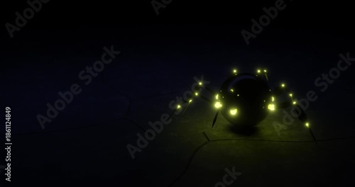Futuristic robotic spider with yellow glowing lights moving in the dark. Seamless loop animation