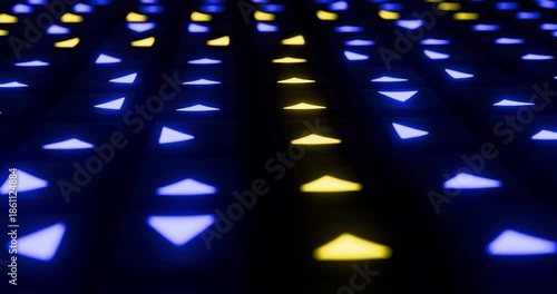 Abstract 3D animation of blue and yellow illuminated triangles on a dark grid moving in different directions