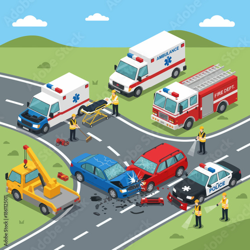 Emergency Vehicles Responding to Car Accident Scene.