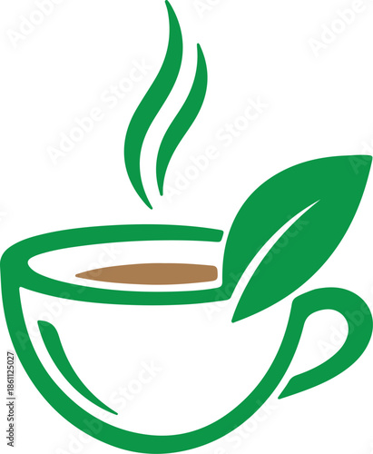 Organic Herbal Tea Logo Design Monochromatic Dark Green Cup and Leaf Icon for Wellness & Eco-Branding