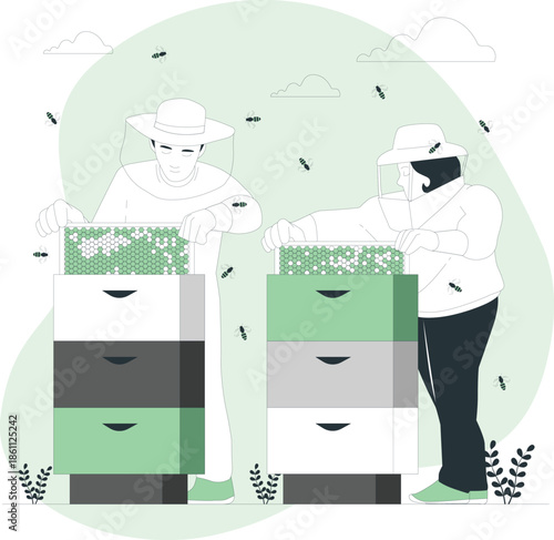 Two beekeepers inspecting beehives in a serene apiary surrounded by flying bees