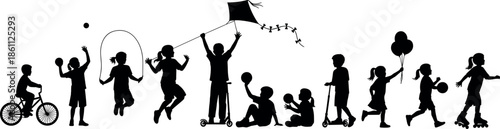 Silhouette of happy children playing various outdoor activities like riding bikes scooters flying kites jumping rope and playing with balls