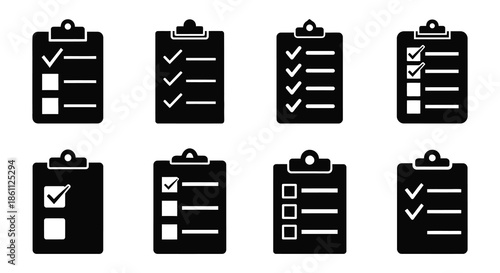 A collection of black clipboard icons with various checkmark and line arrangements silhouette