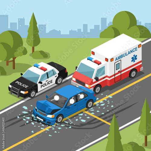 Ambulance and Police at Car Crash Scene.