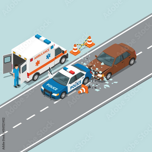 Police Car and Ambulance at Crash Scene.