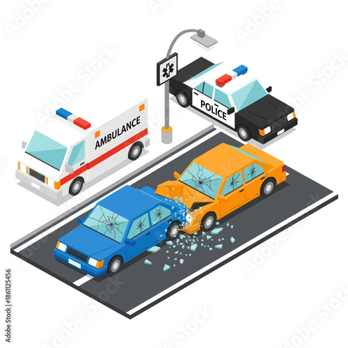 Isometric Illustration of Car Crash Scene with Emergency Vehicles.