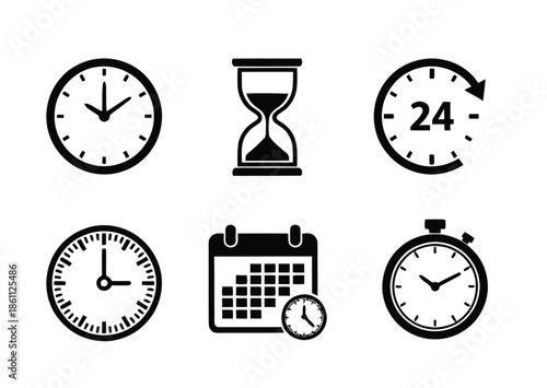 Time Management Icons Featuring Clocks, Hourglass, Calendar, Stopwatch, and 24-Hour Timers Collection