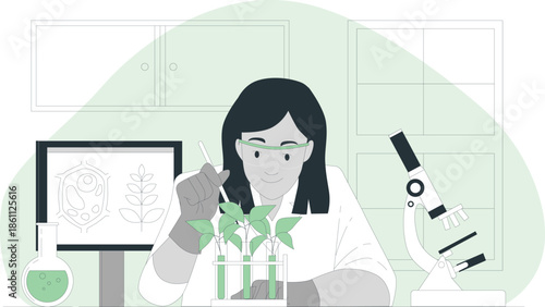 Scientist examining green plant specimen in laboratory setting with microscope and screen display