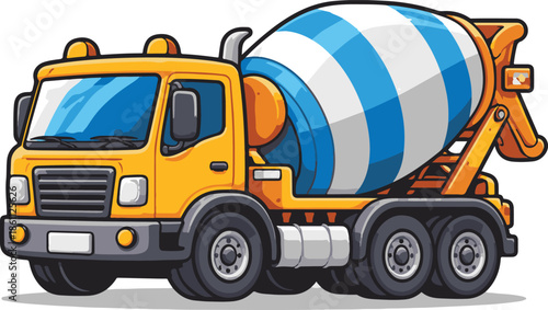 Cartoon Cement Truck Vector Art . Construction Vehicle Graphics. Cute Yellow Concrete Mixer Truck Illustration