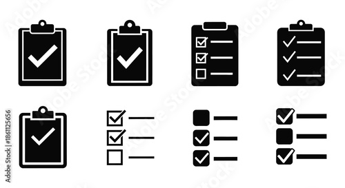 A collection of black clipboard icons with checkmarks representing task completion and organization silhouette