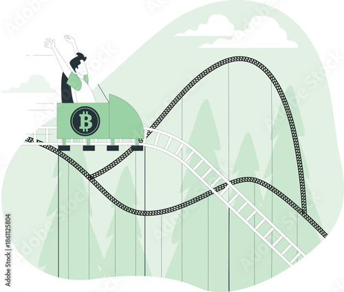 A person riding a rollercoaster with a bitcoin symbol on the carriage, surrounded by a stylized forest landscape and cloudy sky
