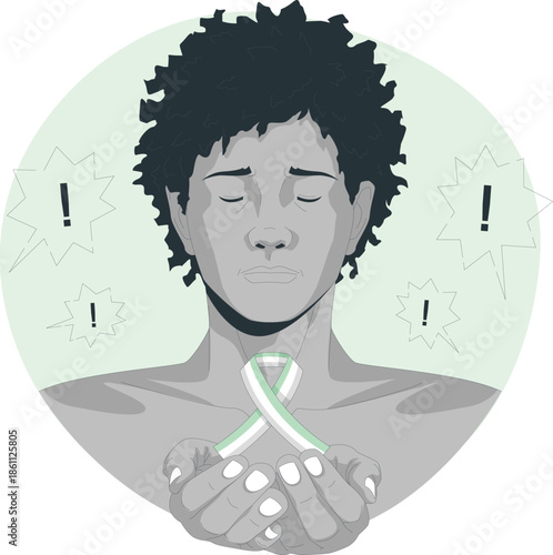 A person holding an awareness ribbon, symbolizing support for a social cause, with a serene expression amidst exclamation marks