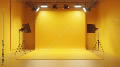 Wallpaper Mural A 3D rendering of an empty photo studio with yellow room background, spotlight, and blank display, creating a versatile setting for various scenes Torontodigital.ca