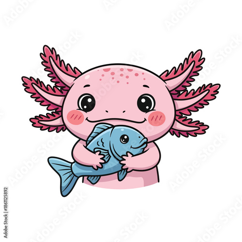 Cute axolotl holding a fish in its arms, a heartwarming illustration of friendship and affection