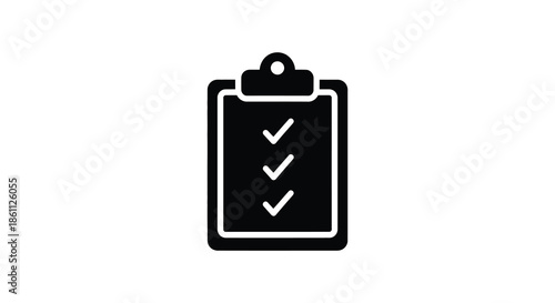 A sleek black icon depicting a clipboard with checkmarks representing tasks and completion silhouette