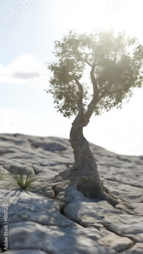 Resilient small tree with green leaves and twisted trunk growing from severely cracked, dry earth under a bright blue sky, symbolizing hope and survival in drought conditions.