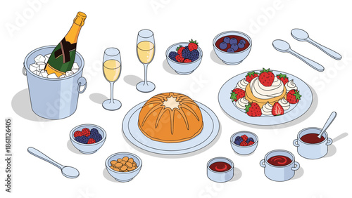 Elegant isometric dessert spread displays a whole cake, fresh strawberries, champagne in an ice bucket, and assorted berry bowls on a table.