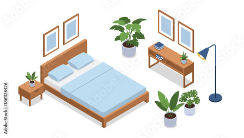 Isometric bedroom layout showcases a wooden bed with blue linens, nightstand, console table, floor lamp, and multiple indoor potted plants.
