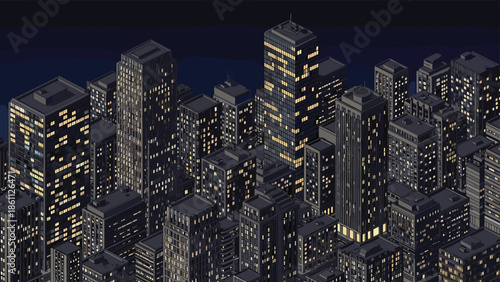 High density isometric city skyline at night captures numerous skyscrapers with glowing windows against a dark urban backdrop of buildings.