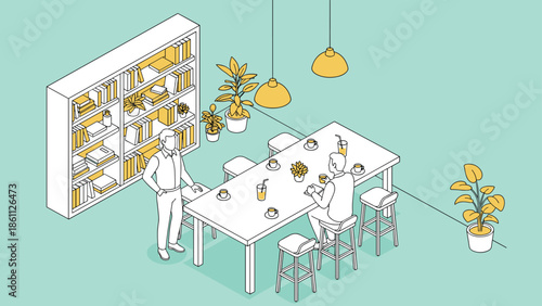 Isometric cafe or library interior shows people sitting at a long table with drinks while standing near a large bookshelf full of yellow books.