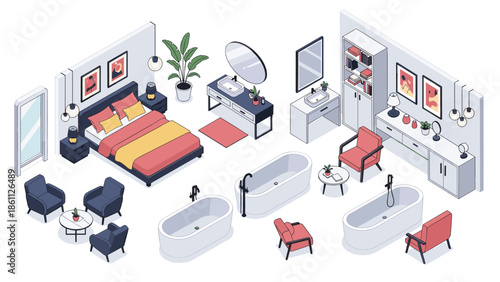 Comprehensive collection of isometric bedroom and bathroom furniture features beds, tubs, armchairs, and mirrors in a minimalist design.