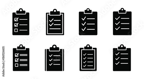 A collection of black clipboard icons displaying various check and task list styles silhouette