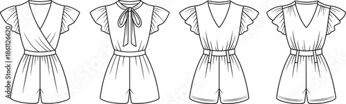 Women Fashion Flat Technical Sketch of Sleeveless Romper Jumpsuit Collection with V Neck Tie Front and Flutter Sleeves Vector Illustration