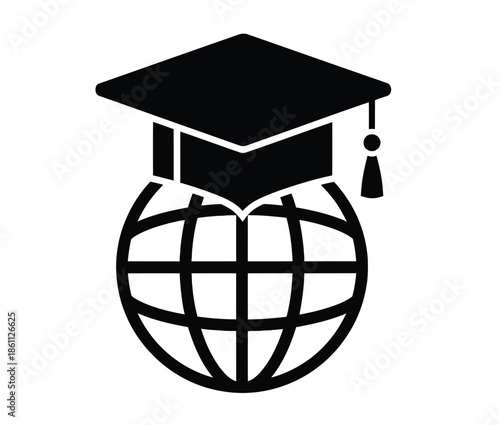 Global Education Icon: Graduation Cap On World Globe Representing Learning, Knowledge, And International Study
