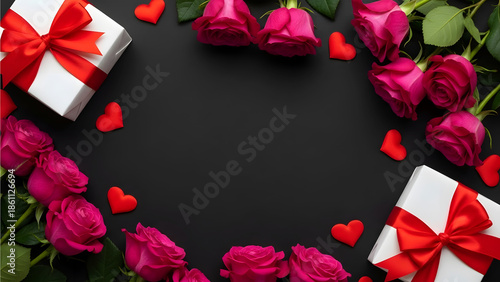 Wallpaper Mural Pink roses and white gift boxes with red ribbons arranged in frame on black background with small red hearts, elegant romantic Valentine’s Day greeting card or luxury love banner Torontodigital.ca