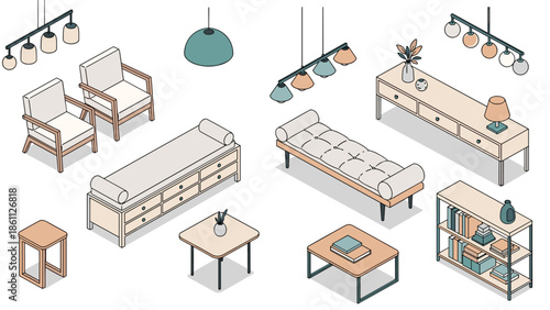 Minimalist isometric furniture collection includes light colored armchairs, benches, coffee tables, shelving units, and modern hanging lamps.