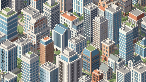 Detailed isometric aerial view of a dense city center features various architectural styles of commercial and residential high rise buildings.