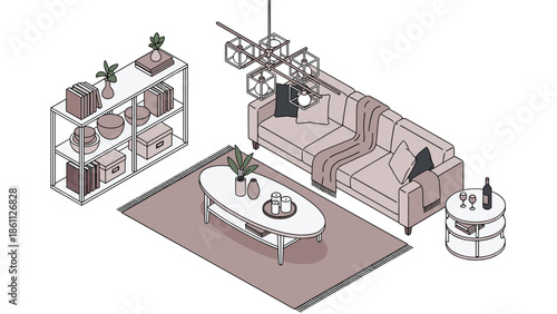 Isometric living room interior features a large modular sofa, oval coffee table on a rug, shelving unit, and various decorative accessories.