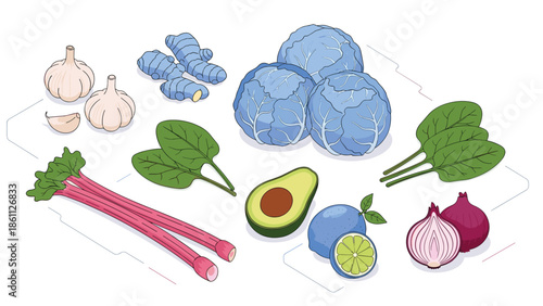 Fresh assortment of isometric vegetables includes blue cabbages, ginger roots, garlic bulbs, spinach leaves, avocado, lime, and red onions.