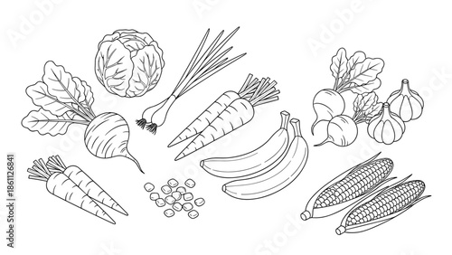 Black and white line art illustration of various fruits and vegetables including corn, carrots, bananas, beets, and garlic on a plain background.