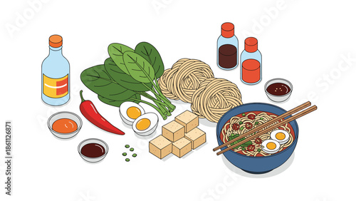 Fresh ingredients for a ramen bowl in isometric view include noodles, boiled eggs, spinach, tofu cubes, chili pepper, and various seasonings.