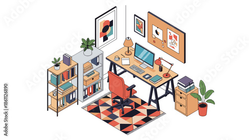 Creative isometric home office setup includes a desk with computer, red chair, bookshelves, wall art, and a mood board for various inspirations.