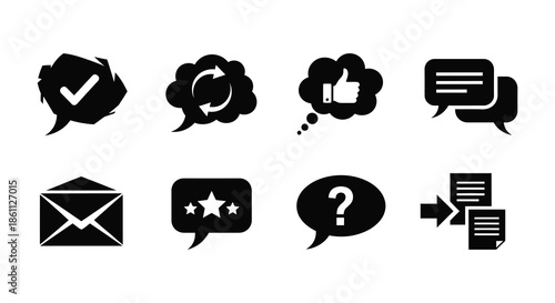 A collection of communication icons including checks questions and messages in silhouette