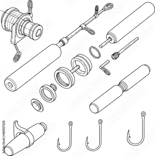 Technical Schematic Illustration of Fishing Rod Assembly and Mechanical Gear Components