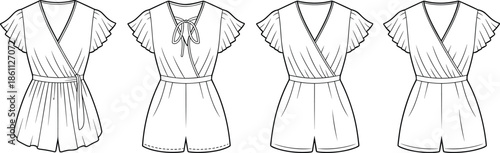 Women Fashion Flat Technical Sketch of Wrap Romper Jumpsuit Collection with V Neck Tie Front and Flutter Sleeves Vector Illustration