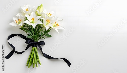 Traditional funeral bouquet of fresh white lilies with a black ribbon isolated on a light gray surface