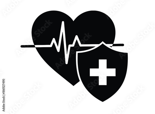 Bold black heart with a heartbeat line and a shield featuring a white cross conveys protection, health care, and wellness. Ideal for medical, health, safety, and insurance themes in stock.