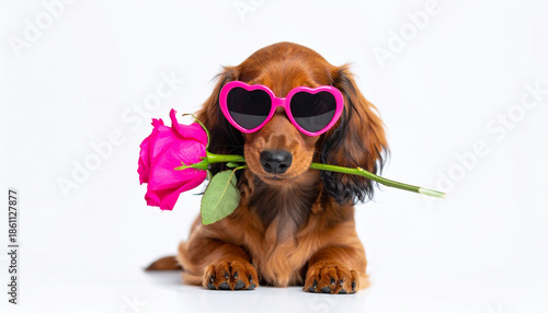 Cute long haired dachshund puppy wearing bright pink heart shaped sunglasses holding pink rose in mouth, isolated on white background, playful and charming expression