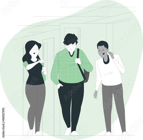 Three individuals standing near a door, engaged in conversation, in a calm indoor setting.