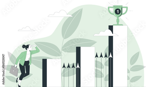 Businesswoman climbing bar graph towards trophy symbolizing achievement and success in a serene landscape