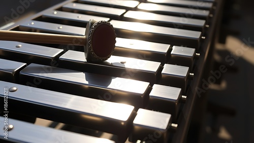  A glockenspiel with polished metal bars and a mallet, reflecting sunlight. 
