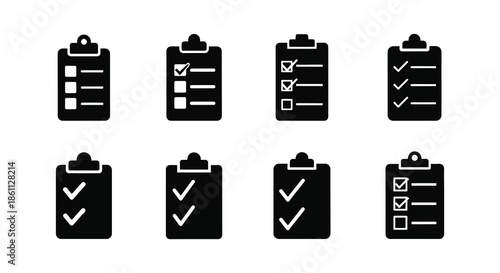 A collection of black checklist icons displaying various completion statuses a modern silhouette
